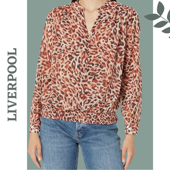 Liverpool Women's Long Sleeve Woven Blouse with Smocked Waistband Animal Print - Picture 1 of 8